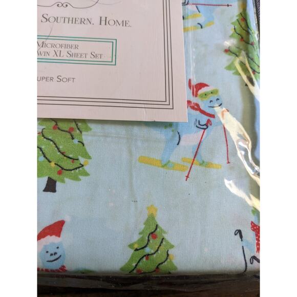 Dinosaur Sheet Set Twin XL Blue Dinosaurs Modern Southern Home Christmas Skiing - Picture 3 of 4